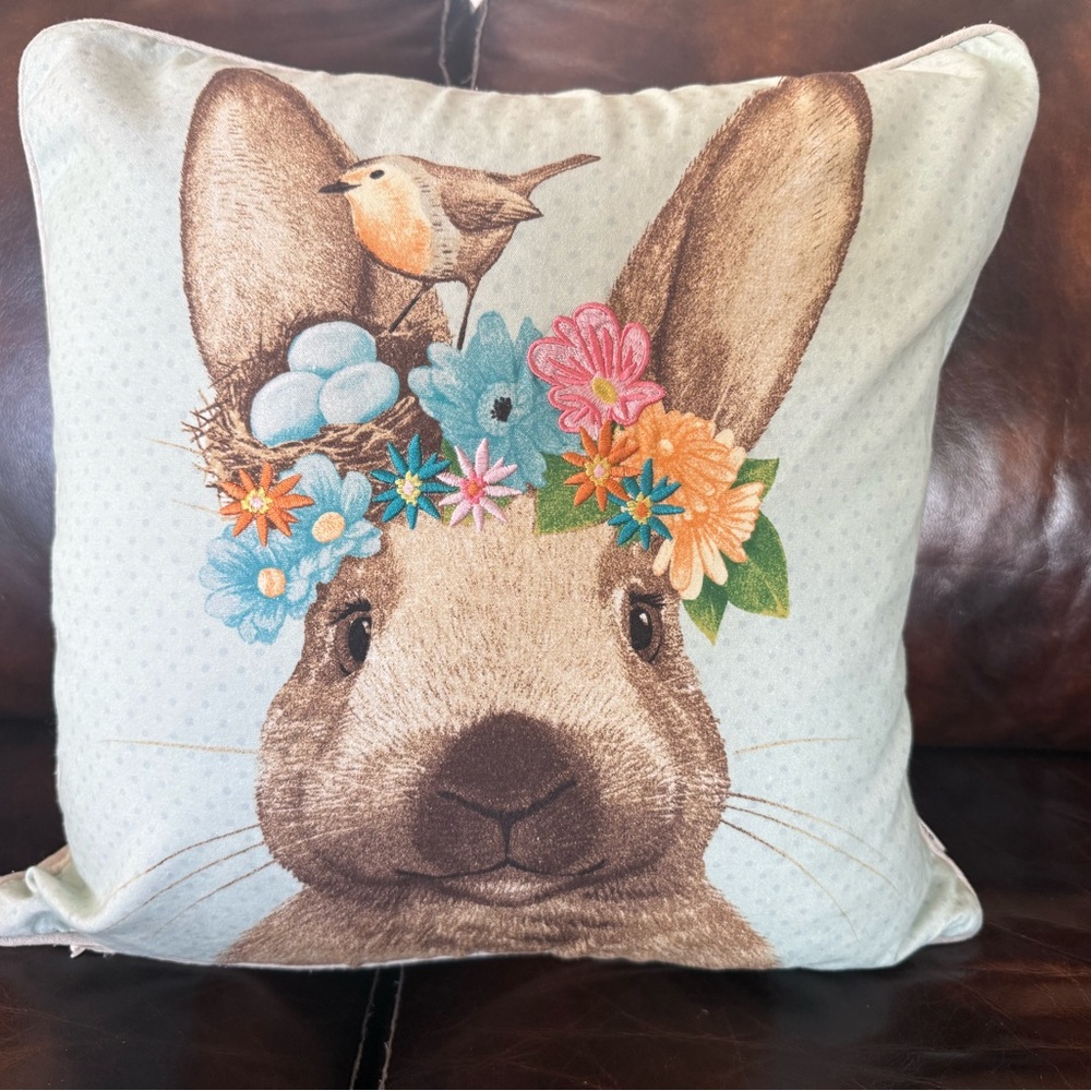 House & Garden embroidered bunny and bird pillow 20 X 20